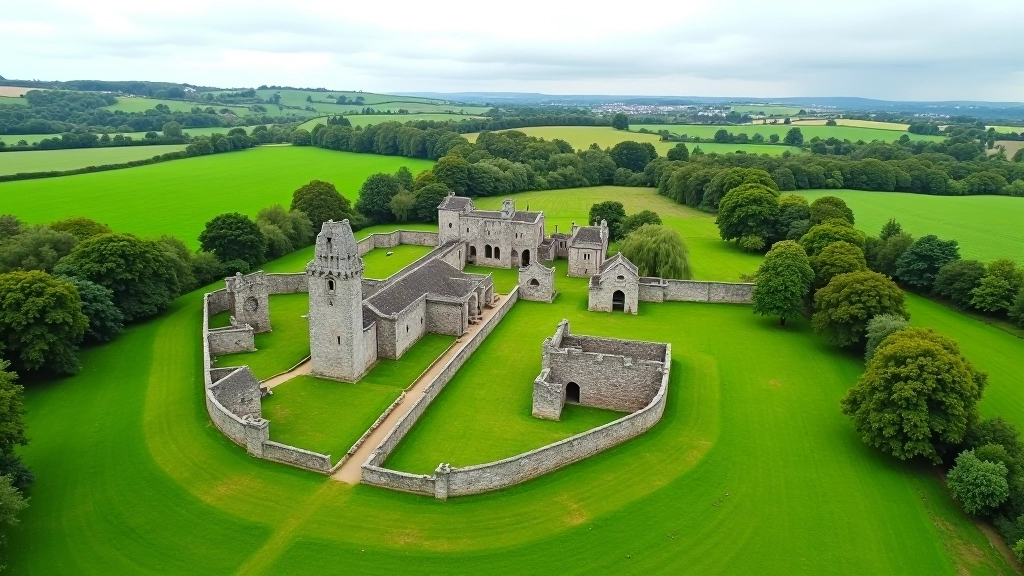 Wide view of Kells Priory ruins spread across grassy grounds, multiple structures visible, green landscape, heritage site interpretation