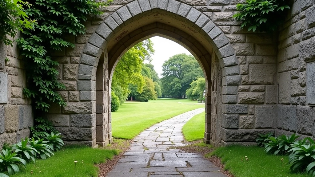 Ancient stone archway and historical documents depicting Kells Priory heritage