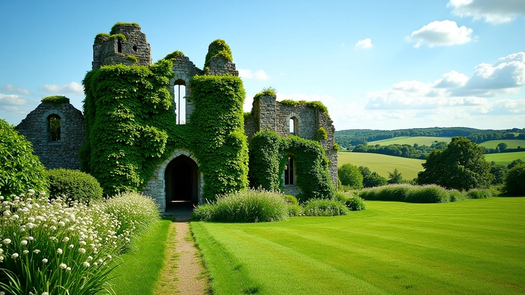 Historic stone ruins of Kells Priory with overgrown gardens and medieval architecture visible against green Irish countryside
