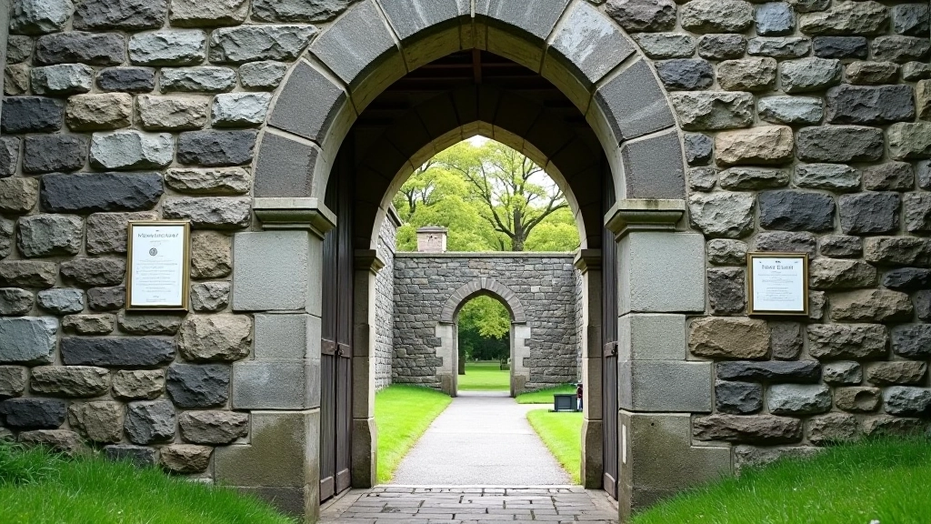 Ancient stone priory walls and archway with historical plaques and information boards