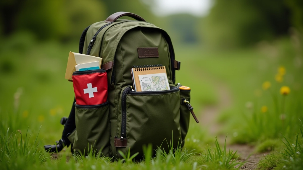 Backpack with walking essentials organized in pockets, including a first aid kit, map, and small notebook on grass near the Kings River