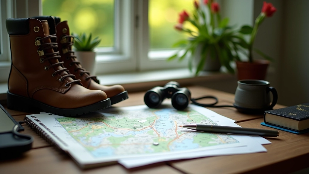 Walking boots and binoculars on wooden table with map and notebook for planning nature walk
