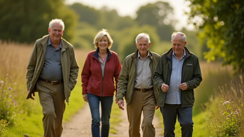 Group of active retirees walking together on a nature trail with guide, enjoying conversation and natural scenery
