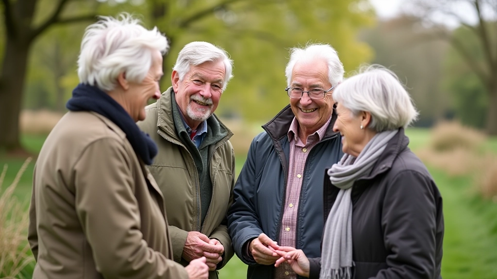 Group of happy retirees on walking path looking at historical site information together