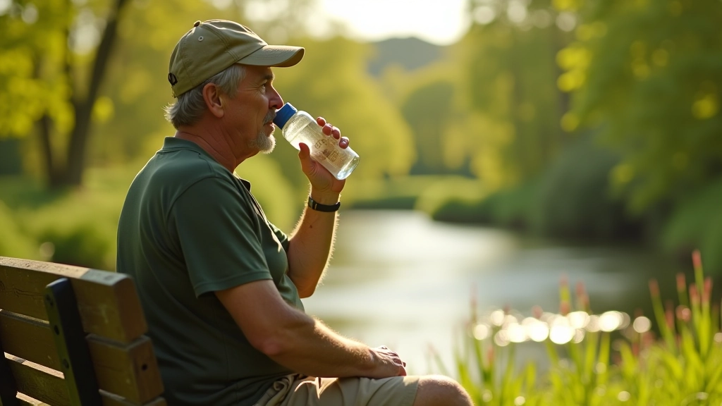 Hiker drinking from a refillable water bottle while sitting on a bench overlooking the Kings River meadow, sunny afternoon light