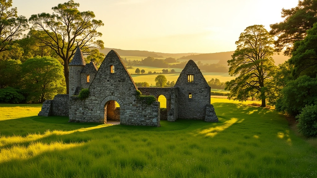 Historic Kells Priory stone ruins surrounded by green meadow and trees in Kilkenny countryside