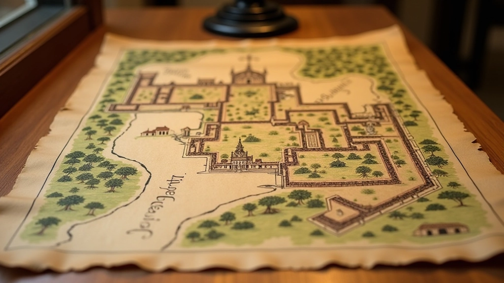 Historical document or old map showing the layout of Kells Priory from medieval times, photographed in a museum setting with warm lighting