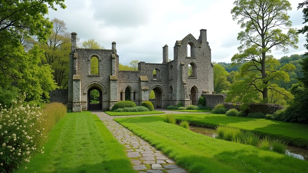 Kells Priory medieval stone structures and surrounding countryside for the loop walk