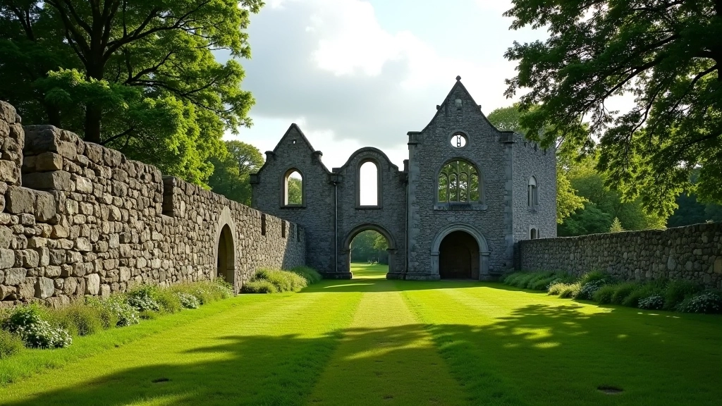 Kells Priory ruins with ancient stone walls and archways set against green Irish countryside, afternoon light, sharp detail