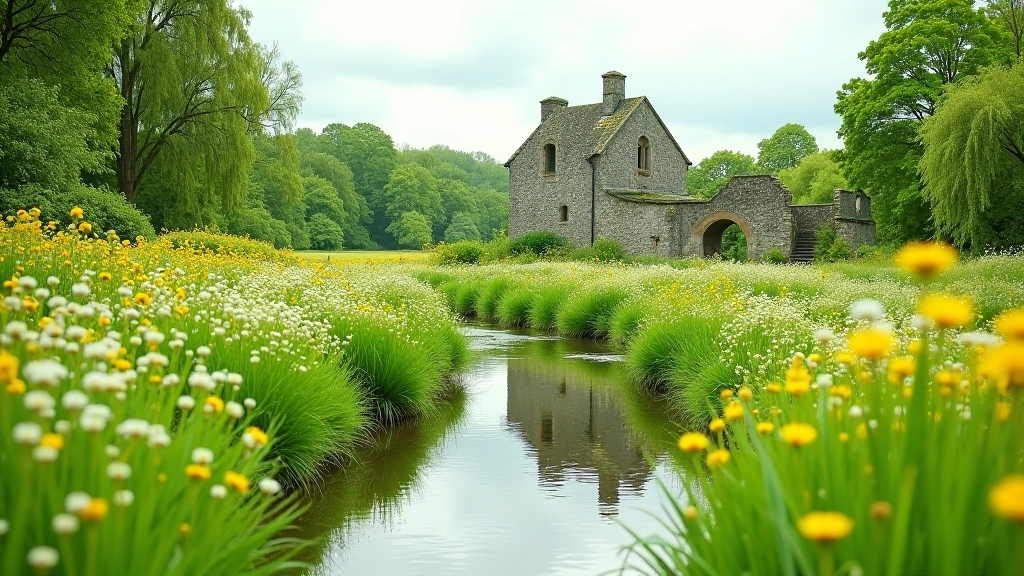 Kings River meadow in spring with wildflowers blooming and river flowing through pastoral landscape