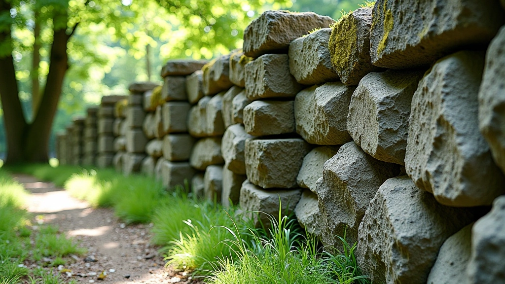 Ancient dry stone boundary wall with weathered granite blocks and moss growth, woodland in background