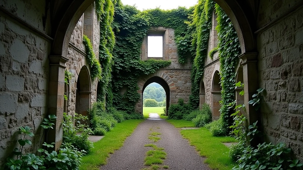 Interior remains of Kells Priory showing deteriorated walls and window openings, nature reclaiming the space, historical decay
