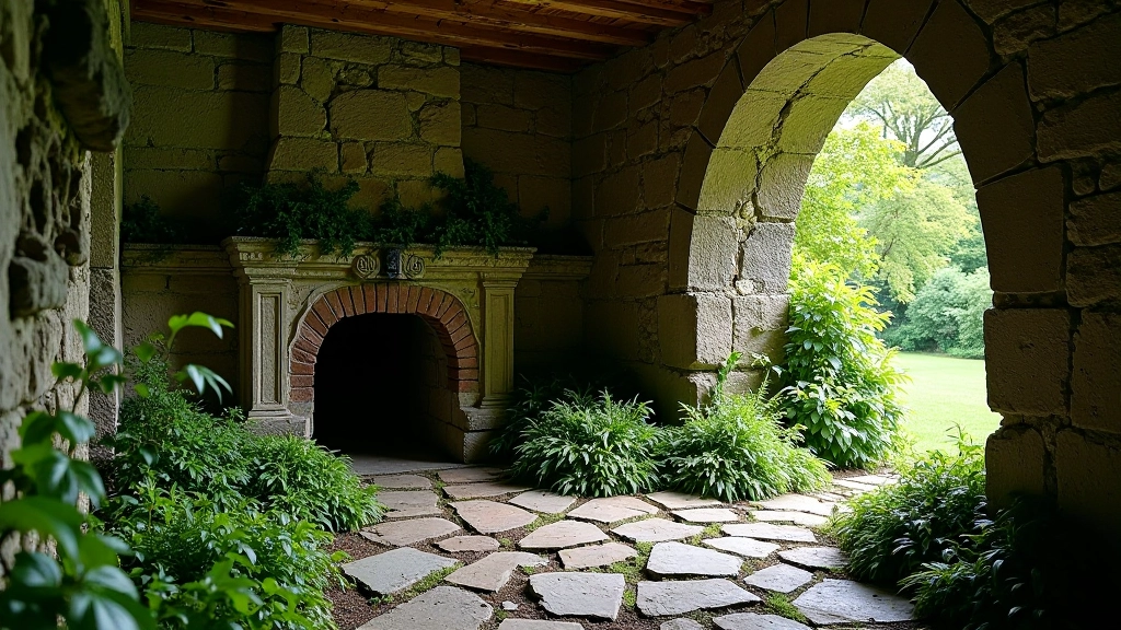 Ancient stone kitchen ruins of Kells Priory with partially standing walls and fireplace remnants covered in moss and ivy