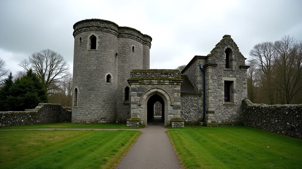 Medieval stone gateway and tower structures at Kells Priory, intricate masonry work, overcast Irish sky, heritage site, sharp focus