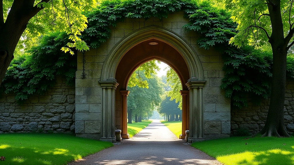 Stone archway gateway entrance to medieval priory ruins with tall trees and dappled sunlight filtering through canopy