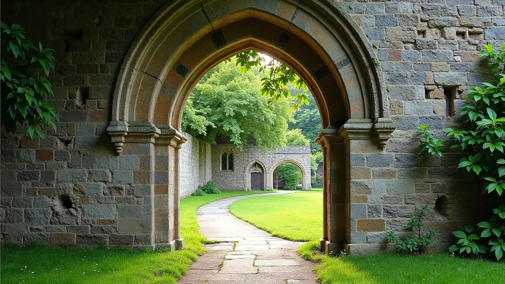 Medieval stone archway at Kells Priory with ancient walls visible