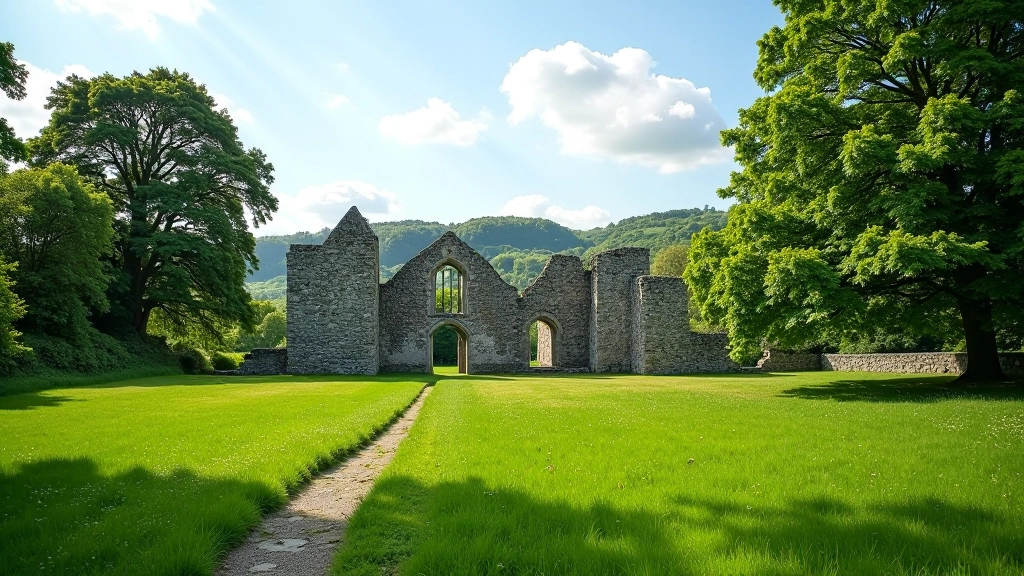 Medieval stone ruins of Kells Priory surrounded by green fields and trees on a clear day