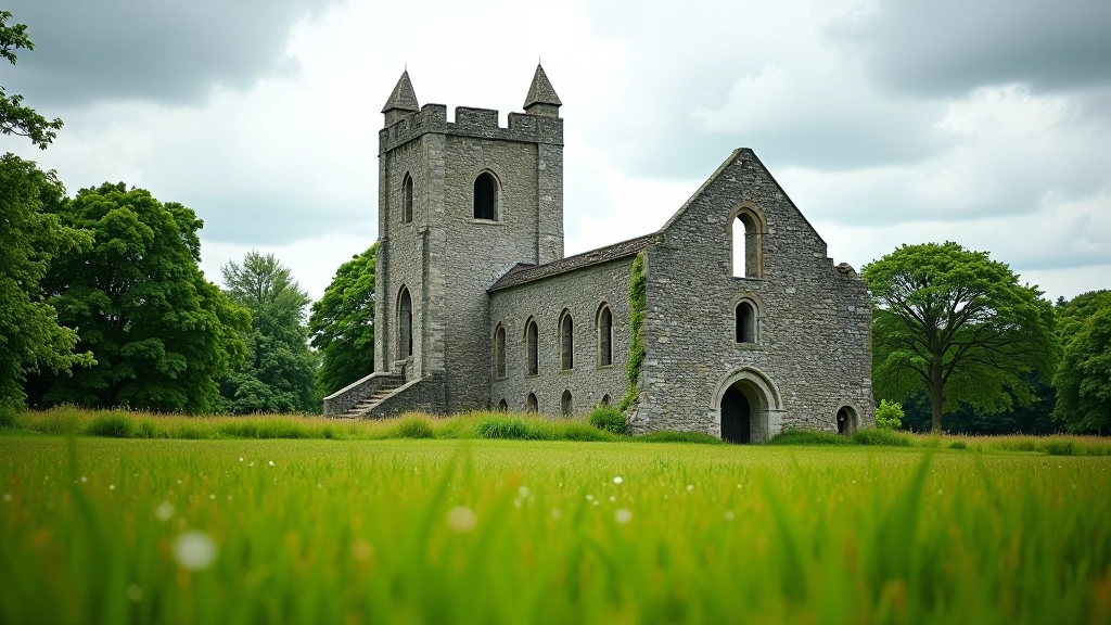 Medieval stone ruins of Kells Priory with tower and arched windows visible among green fields