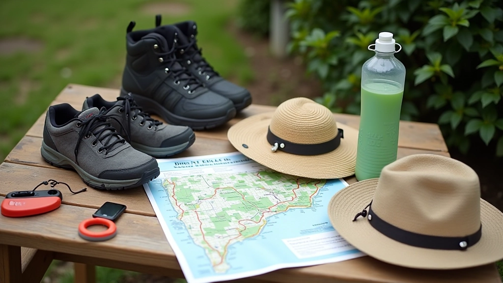Organized walking essentials laid out on a wooden table: comfortable walking shoes, water bottle, small backpack, sun hat, and a walking map of Kells Priory