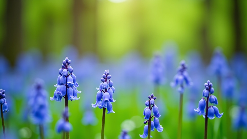 Bluebell flowers carpeting forest floor in spring with white wood anemones interspersed