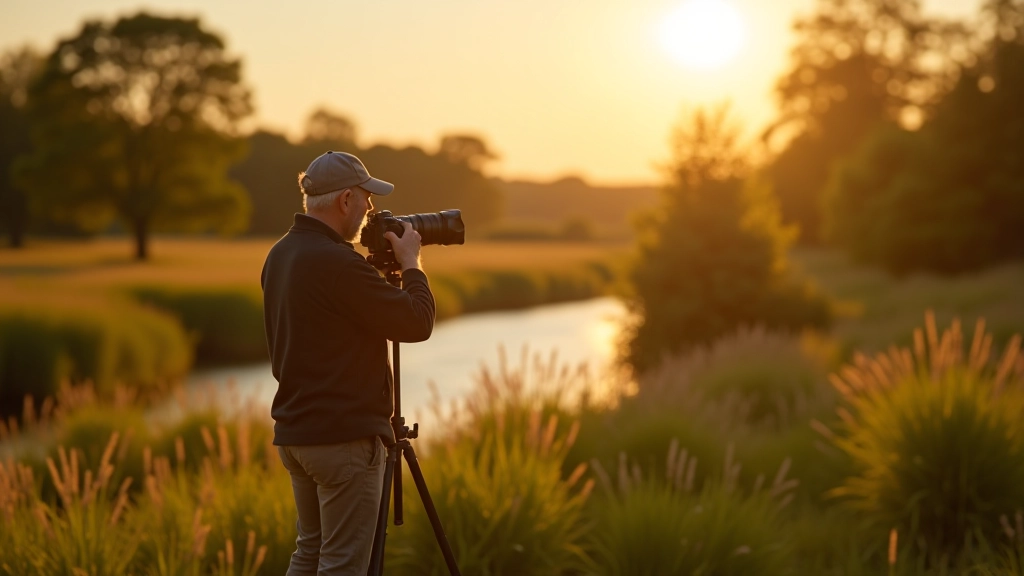 Professional photographer with camera on tripod positioned beside river meadow at golden hour sunset