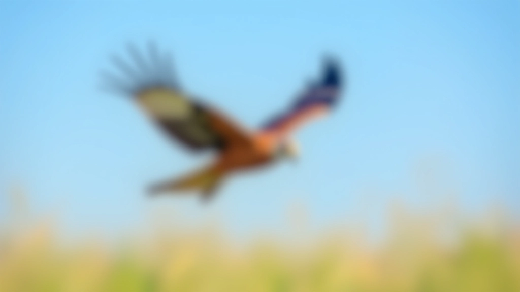 Red kite bird in flight over meadow with wings spread against blue sky