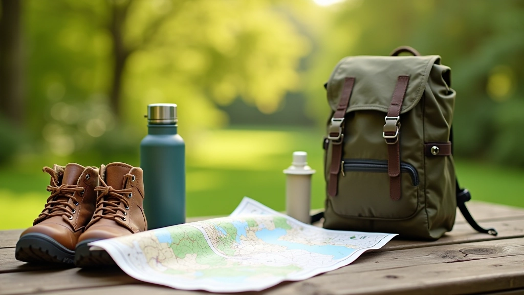 Practical walking gear including hiking boots, backpack, water bottle and map on wooden table