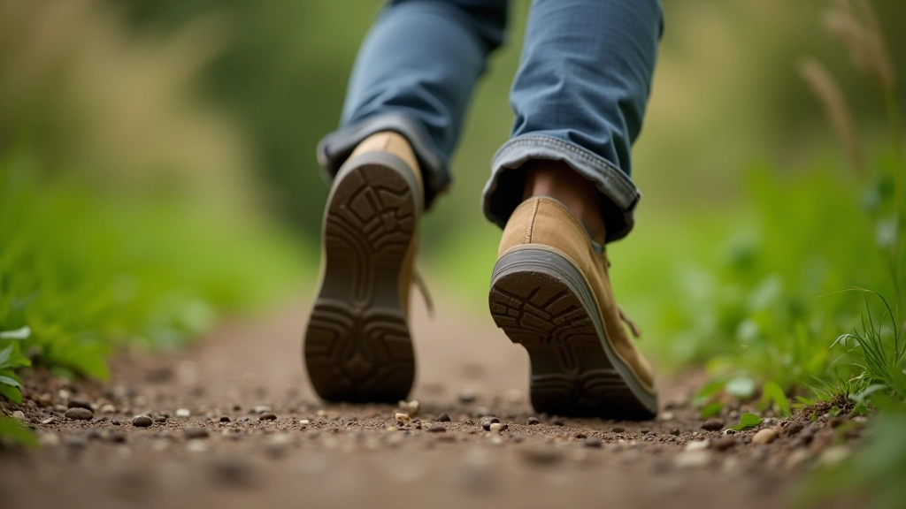 Close-up of quality walking shoes on a dirt path near Kells Priory, showing the tread and cushioned sole design suitable for uneven terrain