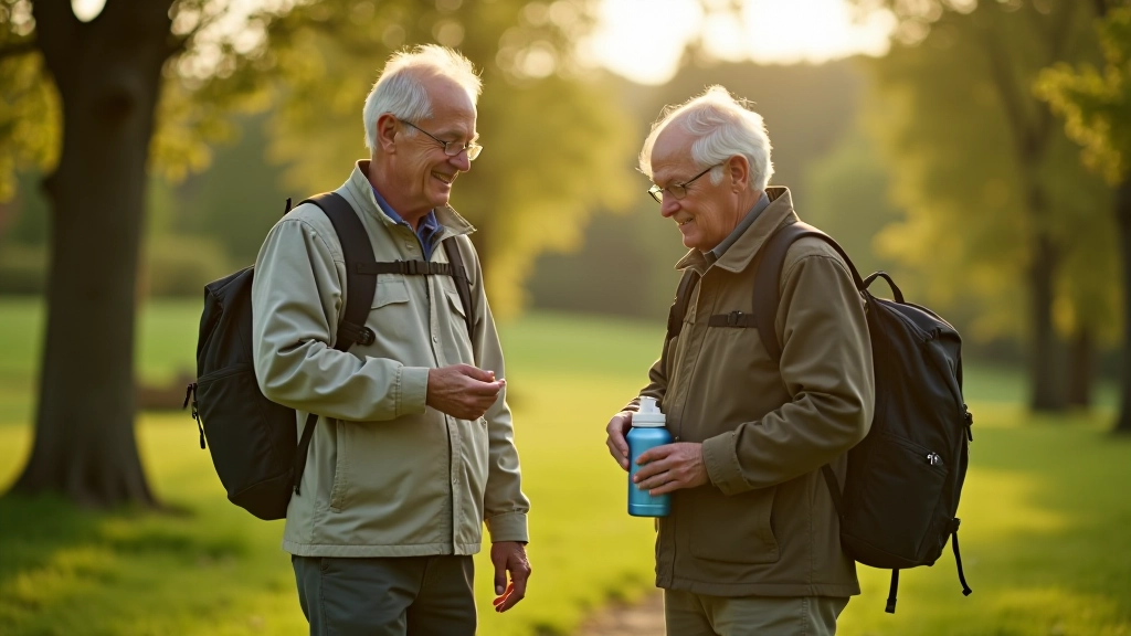 Retired couple preparing for a walk on a sunny day, checking their backpack and water bottles before heading out on the Kells Priory trail