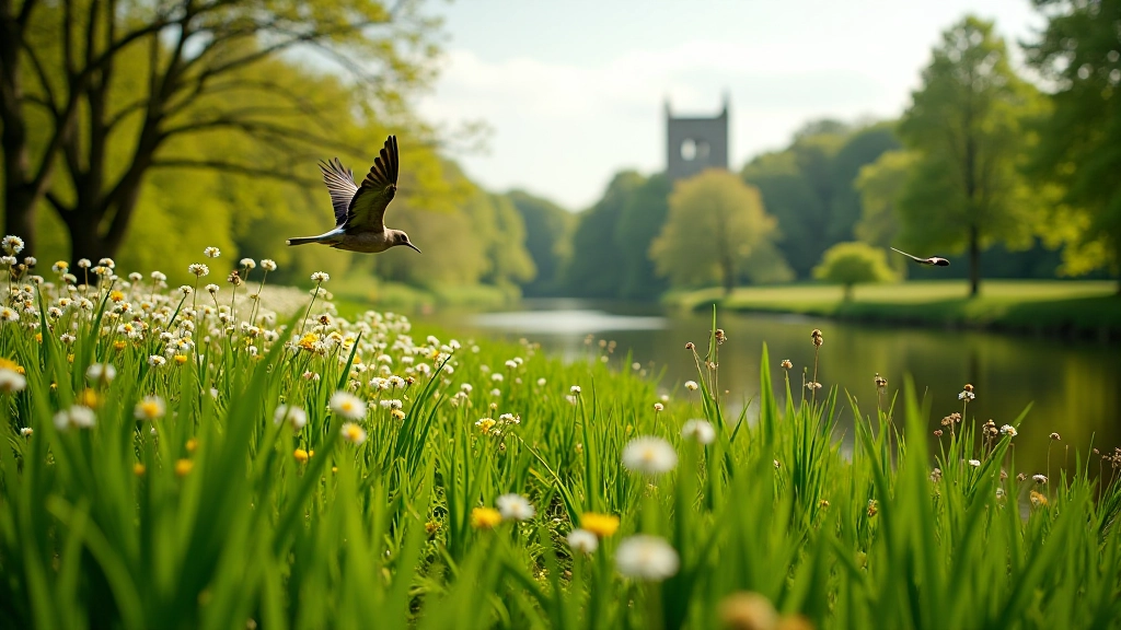 Spring meadow with wildflowers and birds flying over green grass beside river