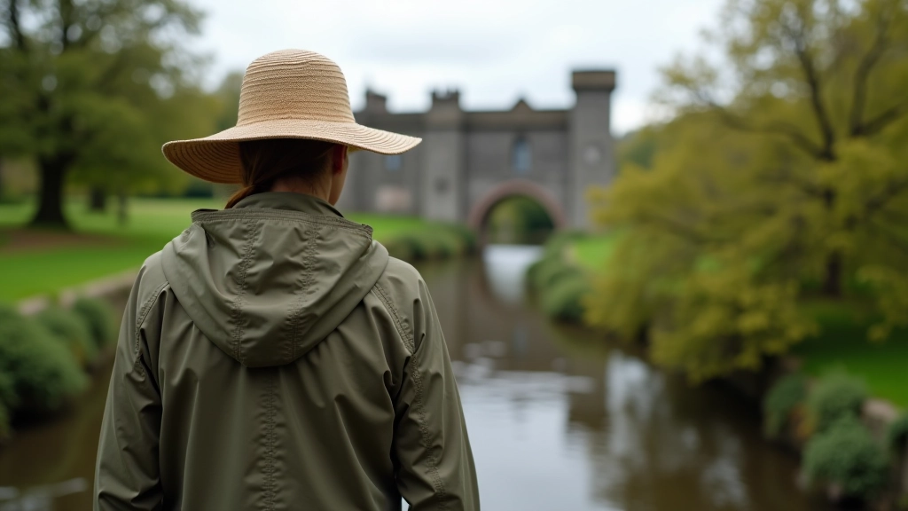 Walker wearing a wide-brimmed sun hat and rain jacket, standing on the stone bridge at Kells Priory with the ruins visible in background