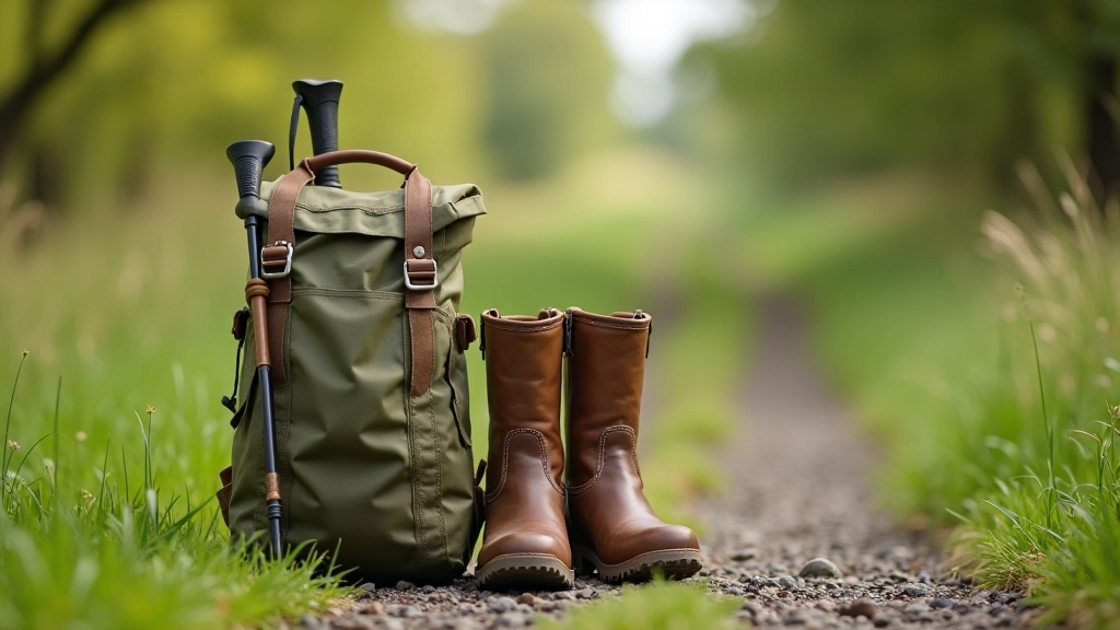 Walking boots and walking poles packed in rucksack ready for countryside walk