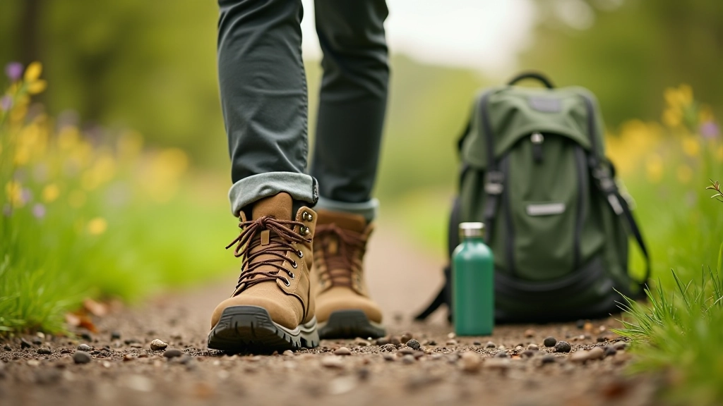 Walking boots on hiking trail with backpack and water bottle nearby