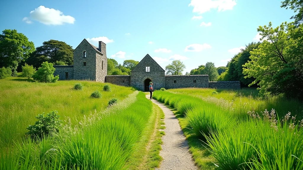 Scenic walking path through ancient ruins and green meadows in Kilkenny, Ireland