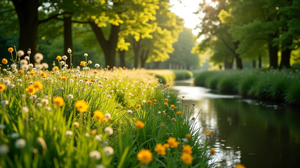 Wildflowers blooming in a spring meadow beside the Kings River, with water reflecting sunlight and trees lining the path